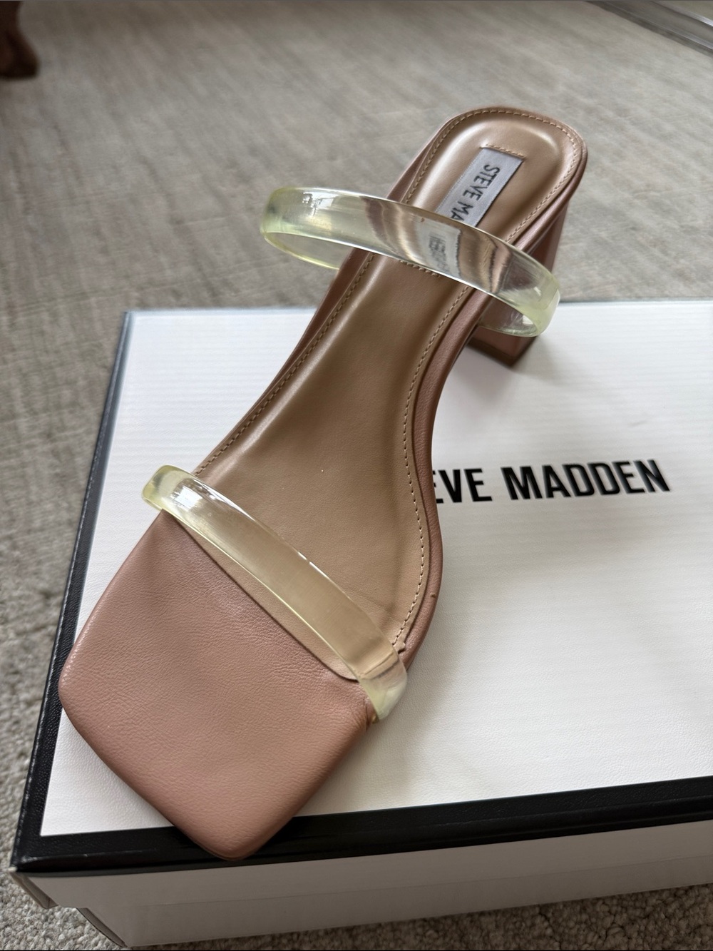 Steve Madden Nude Leather Block Heel Slip in Sandal with Clear Straps